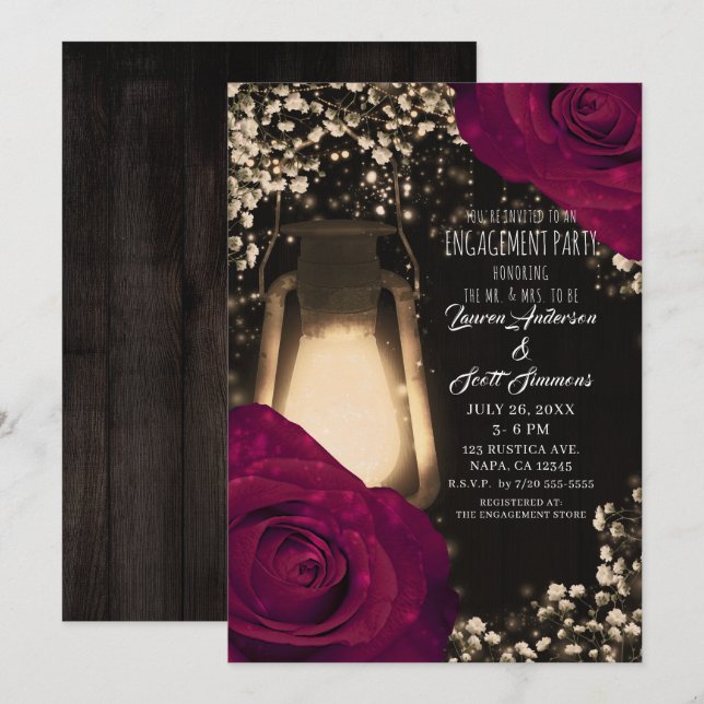 Invitation Lanterne à lueur rustique Magenta Roses (Devant / Derrière)