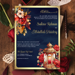 Invitation Lanterne Antique Rouge Floral Marine Mariage Musul