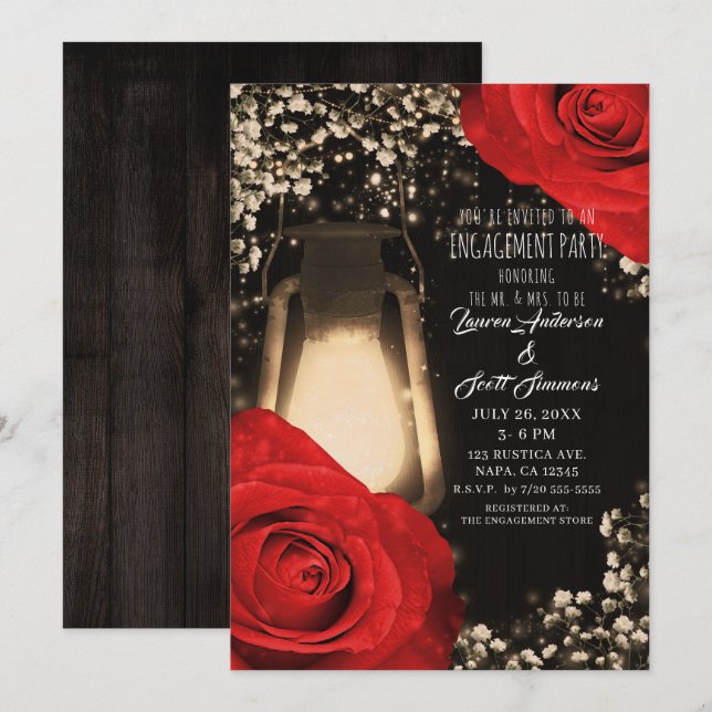 Invitation Lanterne de lueur rustique brillant Roses rouges F (Devant / Derrière)