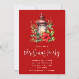 Invitation Lanterne de Noël rouge Poinsettia et pin fête