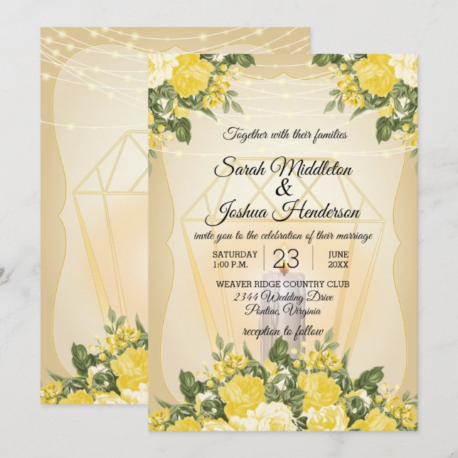 Invitation Lanterne dorée et Mariage floral jaune (Devant / Derrière)