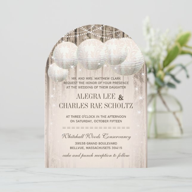 Invitation Lanterne en papier de mariage Bois de grange sous  (Debout devant)