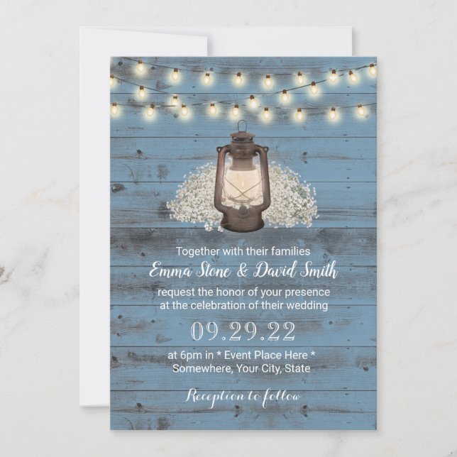 Invitation Lanterne Florale Rustique Dusty Blue Barn Mariage  (Devant)