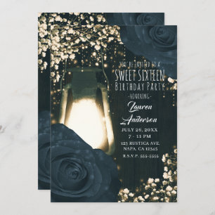 Invitation Lanterne rouge et bleu noir Roses doux 16