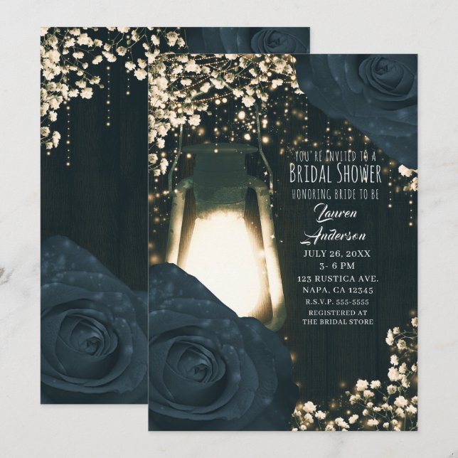 Invitation Lanterne rouge rustique Bleu Rose noir Fête des ma (Devant / Derrière)