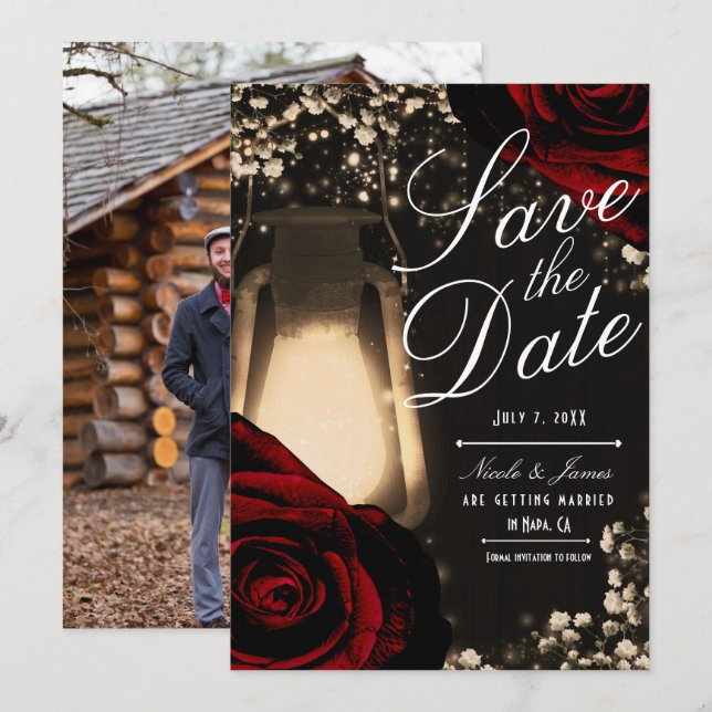 Invitation Lanterne Rustic Glow & Roses Rouge Foncé Enregistr (Devant / Derrière)