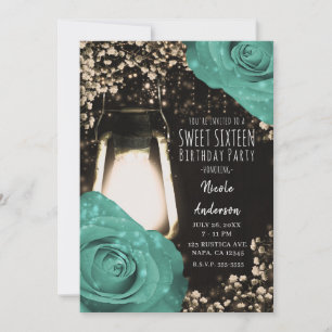 Invitation Lanterne Rustic Glow Roses Vert Menthe Sweet 16