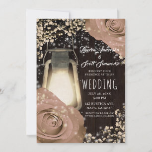 Invitation Lanterne Rustique Beige Roses Mariage de Grange