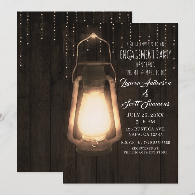 Invitation Lanterne rustique et lumières Barne Wood Engagemen (Devant / Derrière)