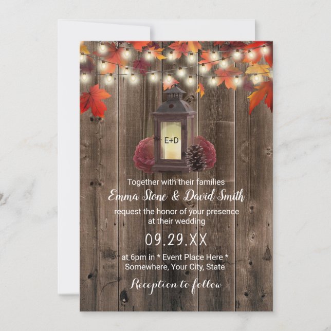 Invitation Lanterne rustique & Fleurs Grange Mariage de autom (Devant)