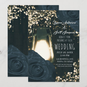 Invitation Lanterne Rustique Glow et Roses Bleu Foncé Mariage