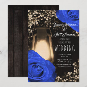 Invitation Lanterne Rustique Glow & Roses Bleu Cobalt Mariage