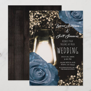 Invitation Lanterne Rustique Glow Roses Bleu Poussiéreux Mari
