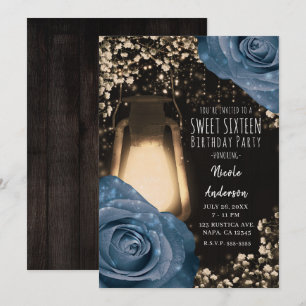 Invitation Lanterne Rustique Glow Roses Bleu Poussiéreux Swee