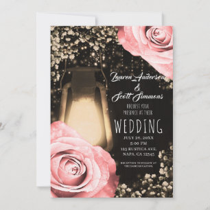 Invitation Lanterne Rustique Glow Roses Blush Péche Mariage