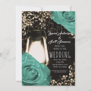 Invitation Lanterne Rustique Glow Roses Vert Menthe Mariage