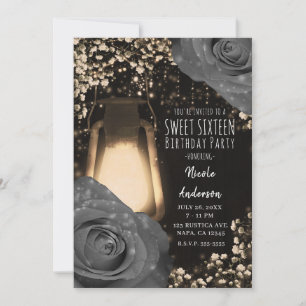 Invitation Lanterne Rustique Lueur Gris Clair Roses Douce Fêt