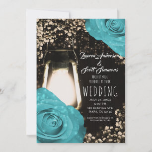 Invitation Lanterne Rustique Lumineuse Bleu Turquoise Roses M