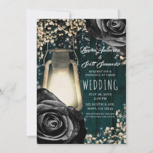 Invitation Lanterne Rustique Lumineuse Roses Noires et Bleu T