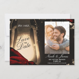 Invitation Lanterne Rustique Lumineuse & Roses Rouge Foncé Ca