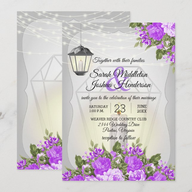 Invitation Lanternes argentées et Mariage à fleurs violettes (Devant / Derrière)