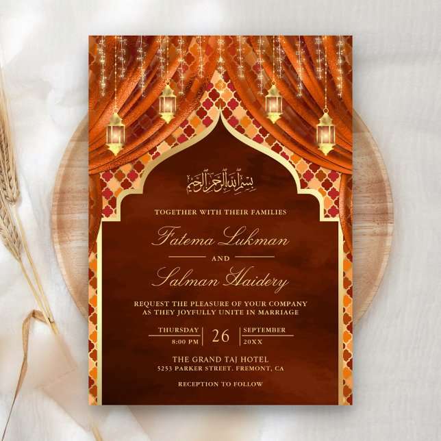 Invitation Lanternes d'or brûlé rideau orange Mariage musulma (Créateur téléchargé)