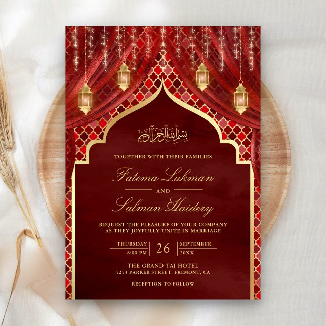 Invitation Lanternes d'or Maroon Rideau rouge Mariage musulma (Créateur téléchargé)