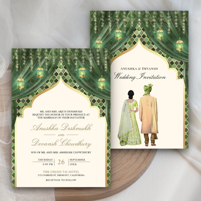 Invitation Lanternes d'or Sage Green Indian Couple Mariage (Créateur téléchargé)