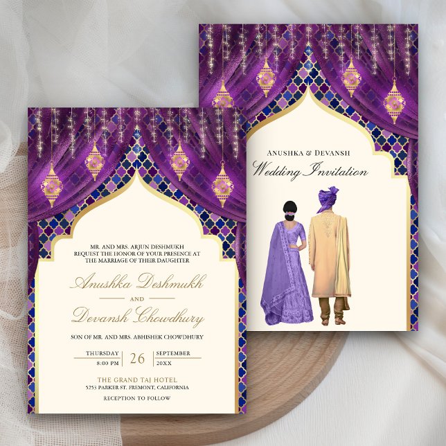 Invitation Lanternes d'or violet Mariage indien (Créateur téléchargé)