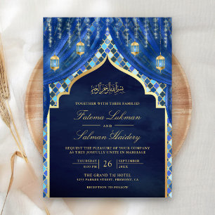 Invitation Lanternes dorées Rideau bleu royal Mariage musulma