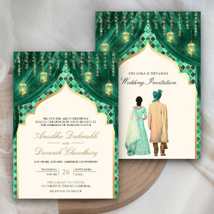 Invitation Lanternes dorées vert émeraude couple indien maria