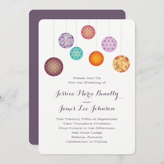 Invitation Lanternes en papier brillant Plum Mariage (Devant / Derrière)