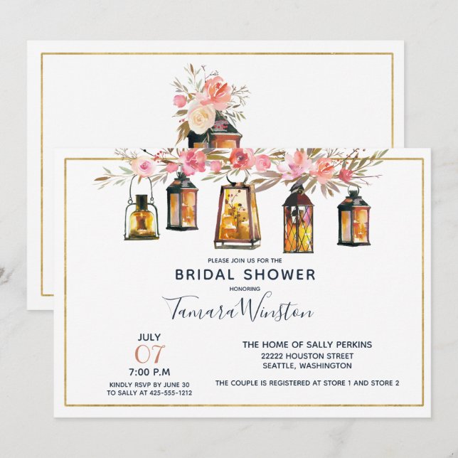 Invitation Lanternes romantiques rustiques Rose Fête des mari (Devant / Derrière)