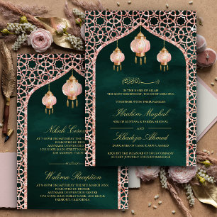 Invitation Lanternes roses Émeraude Rose Gold Mariage Musulma