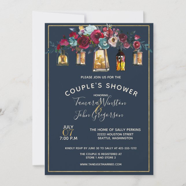 Invitation Lanternes rustiques Burgundy Marine Douche Couple (Devant)