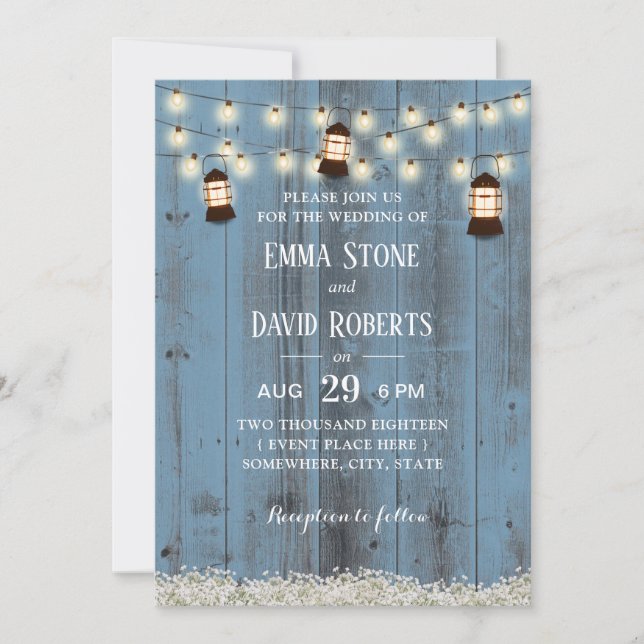 Invitation Lanternes rustiques Pays Floral Dusty Blue Mariage (Devant)