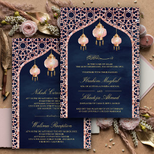 Invitation Lanterns Roses Dorées Bleu Marine Musulmanes Maria