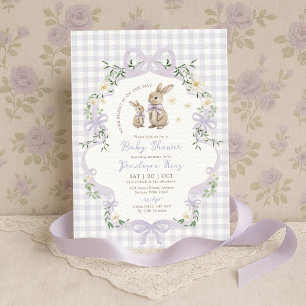 Invitation Lapin à ruban violet Baby shower à carreaux et fle