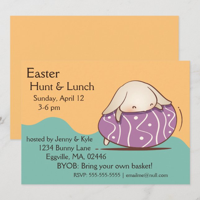 Invitation Lapin adorable pondu sur un oeuf de Pâques violet (Devant / Derrière)