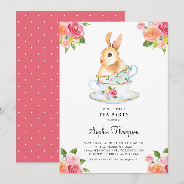Invitation Lapin Aquarelle sur Tea Party Floral Tea Party (Devant / Derrière)