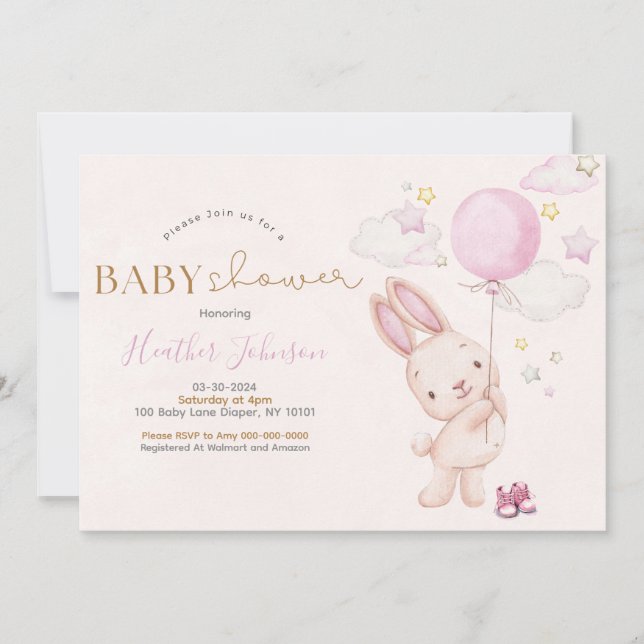 Invitation Lapin Baby shower fille (Devant)