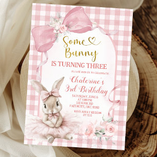 Invitation Lapin Ballerine à Ruban Floral Rose Gingham
