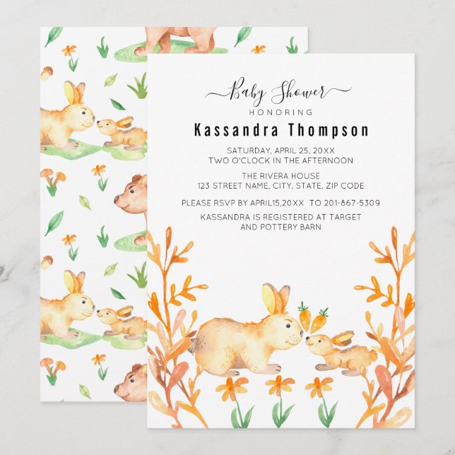 Invitation Lapin Bébé Avec Mère Baby shower Carotte Dangereux (Devant / Derrière)