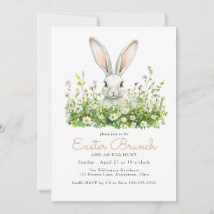 Invitation Lapin blanc et fleurs Chasse aux oeufs de Brunch d