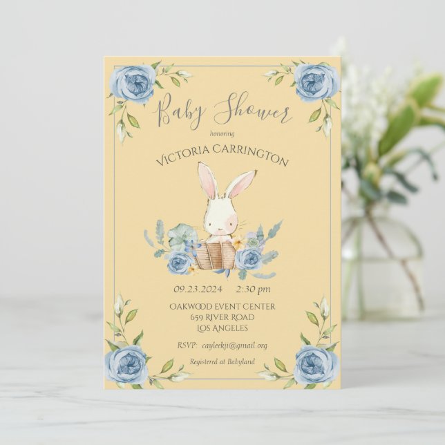 Invitation Lapin bleu lapin Baby shower garçon jaune (Debout devant)