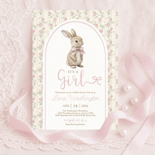 Invitation Lapin Coquette Arc-en-Ciel Roses Fille Baby Shower