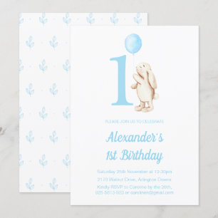 Invitation Lapin Cute et Balloon Bleu 1er anniversaire