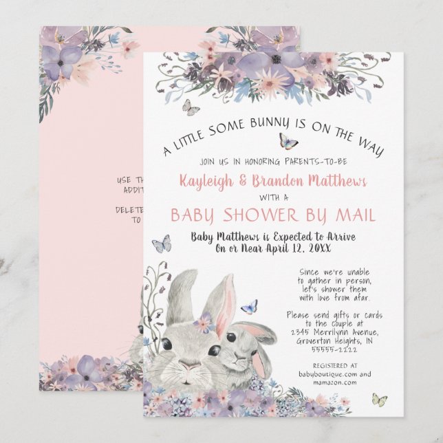 Invitation Lapin De Bois Floral Purple Baby shower Par Courri (Devant / Derrière)