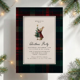 Invitation Lapin de Noël à carreaux vintage pour fête de Noël