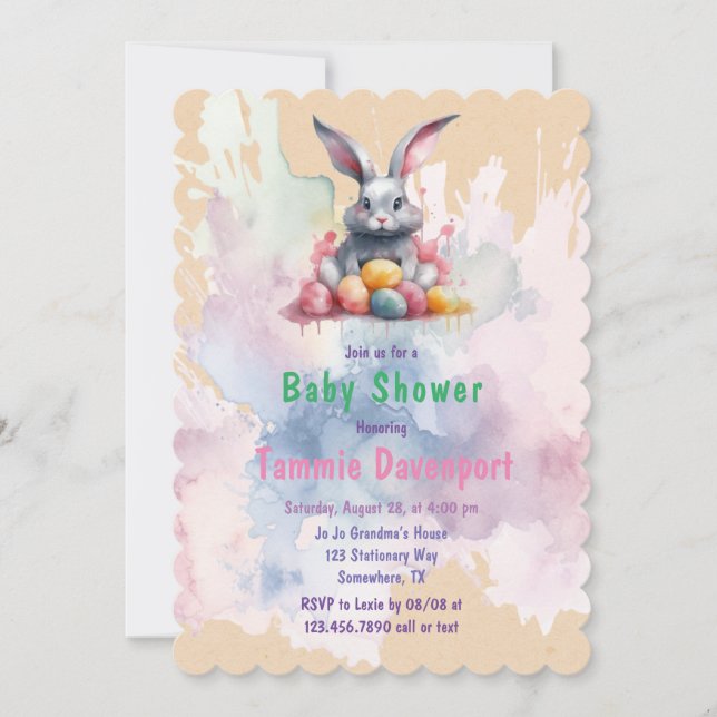 Invitation Lapin de Pâques avec Baby shower d'Oeufs d'Aquarel (Devant)